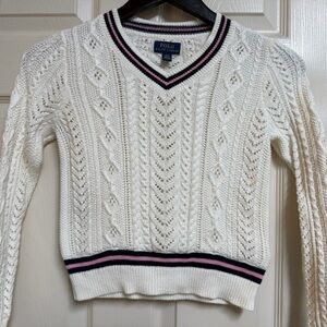 Polo by Ralph Lauren Cream Cable V‑Neck Sweater with Pink & Navy Trim